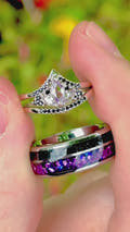 Mystic Lotus Wedding Ring Set, His and Her Crab Nebula Engagement Ring Set, Space Alexandrite, Black Onyx, Tungsten, 925 Sterling Silver