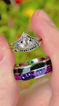 Mystic Lotus Wedding Ring Set, His and Her Crab Nebula Engagement Ring Set, Space Alexandrite, Black Onyx, Tungsten, 925 Sterling Silver