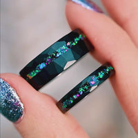 His and Hers Tungsten Wedding Band, Galaxy Opal Ring, 8mm & 4mm Black Tungsten Ring Set, Couples Ring, Hammer, Flat, Matte, Comfort Fit