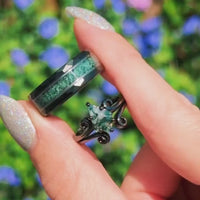 Twirl Green Moss Agate Ring Set, His Her Matching Wedding Ring, Nature Couple Ring, Alternative Engagement Ring Set, 925 Silver and Tungsten
