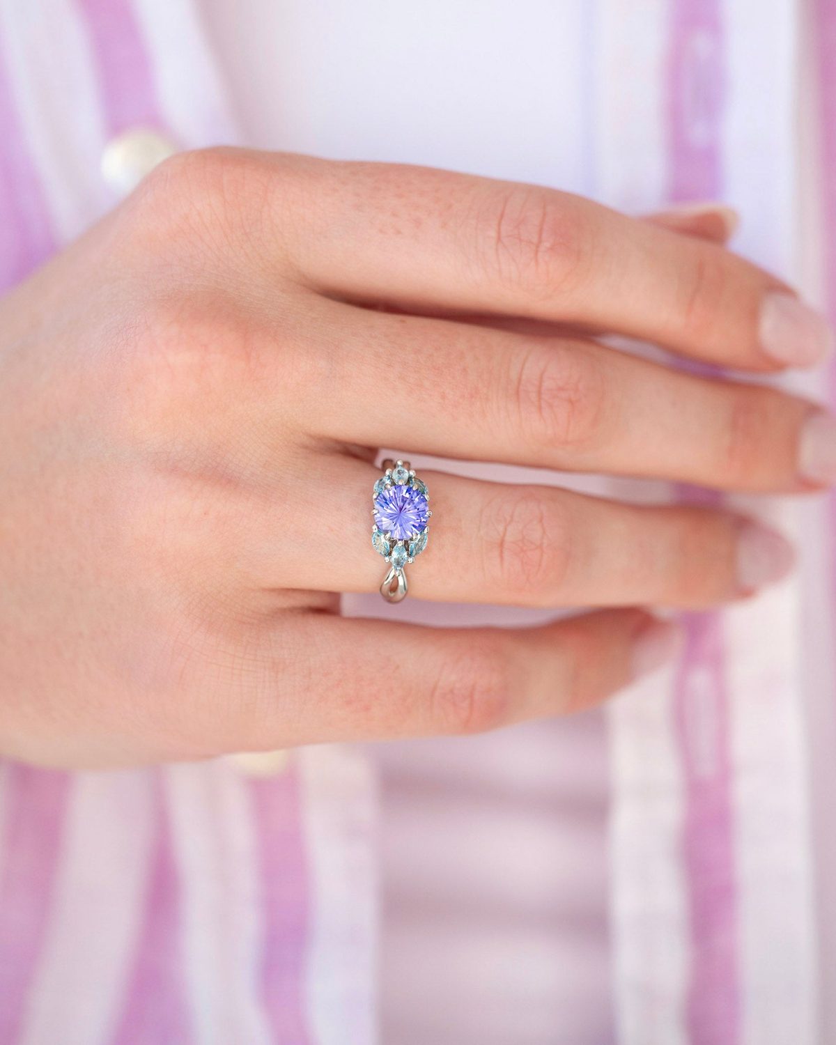 Unique ring for women worn on her hand: lavender amethyst with aquamarine accents