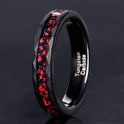 Red fire opal hammered matte black tungsten band, 4mm, for women and men