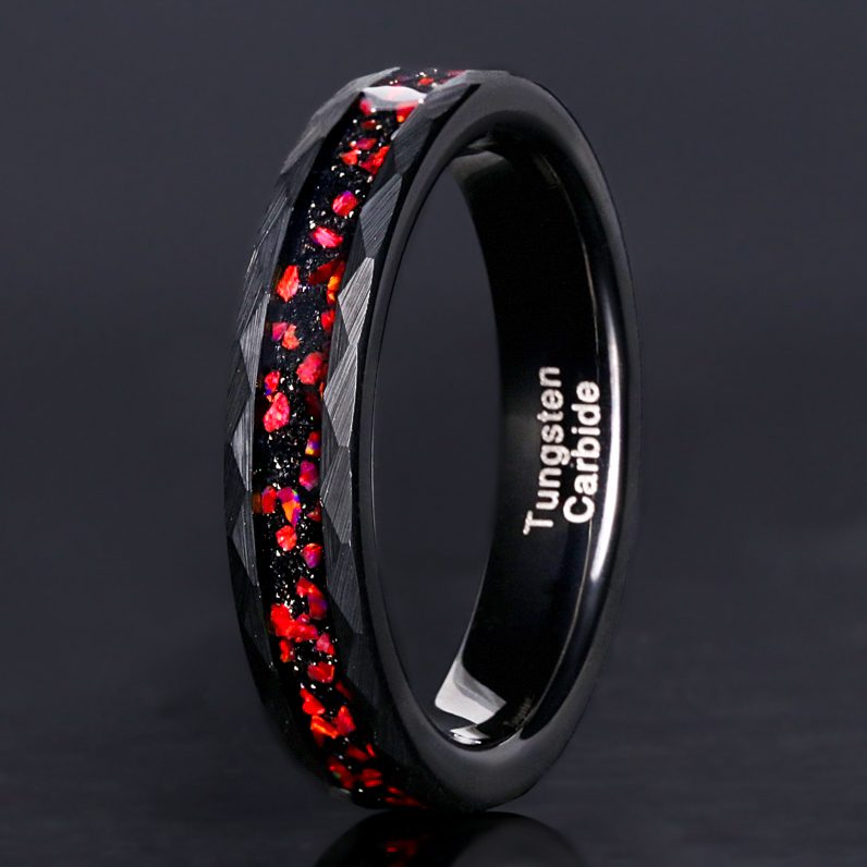 Red fire opal hammered matte black tungsten band, 4mm, for women and men