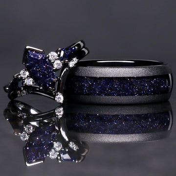 Rift nebula ring set, his and hers starry night wedding bands in black tungsten and 925 silver with blue sandstone inlay