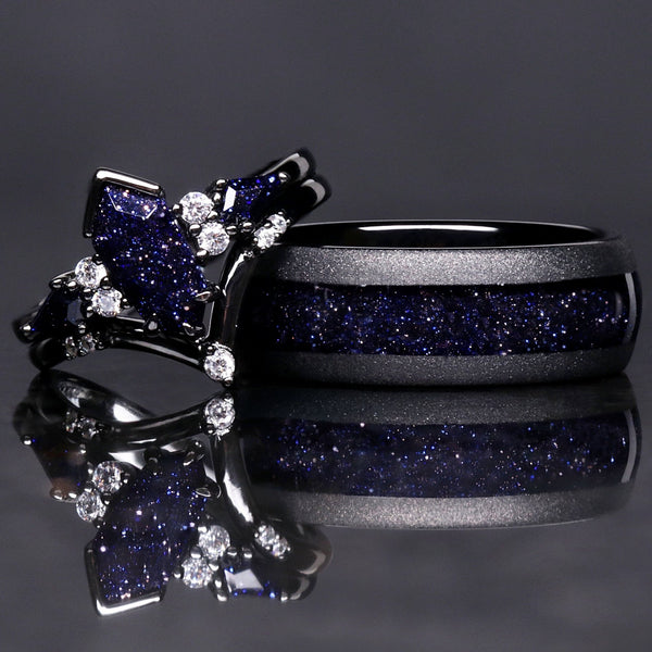 Rift nebula ring set, his and hers starry night wedding bands in black tungsten and 925 silver with blue sandstone inlay