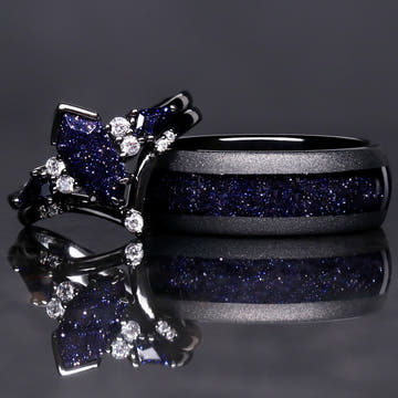 Matching black tungsten and sterling silver couples ring set with blue sandstone, 8mm and 1.7mm