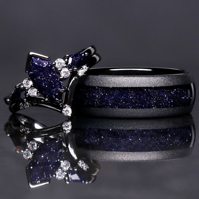 Matching black tungsten and sterling silver couples ring set with blue sandstone, 8mm and 1.7mm