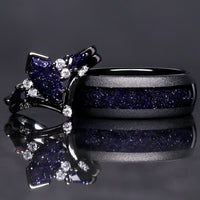 Rift Nebula Ring Set, His Her Starry Night Wedding Band, Personalized, Matching Couple Ring, Sandstone, Black Tungsten, 925 Silver