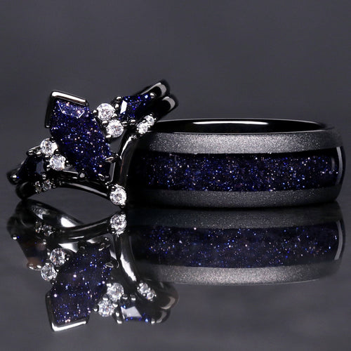 Rift Nebula Ring Set, His Her Starry Night Wedding Band, Personalized, Matching Couple Ring, Sandstone, Black Tungsten, 925 Silver