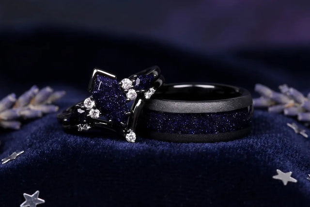 Matching black couples ring set: kite-cut blue sandstone engagement ring and tungsten band with blue sandstone inlay
