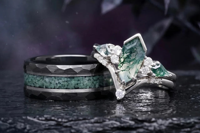 Moss agate couples rings: his hammered black band with crushed moss agate inlay and her kite moss agate ring