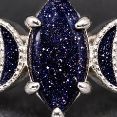 Marquise blue sandstone ring with two silver crescent moons