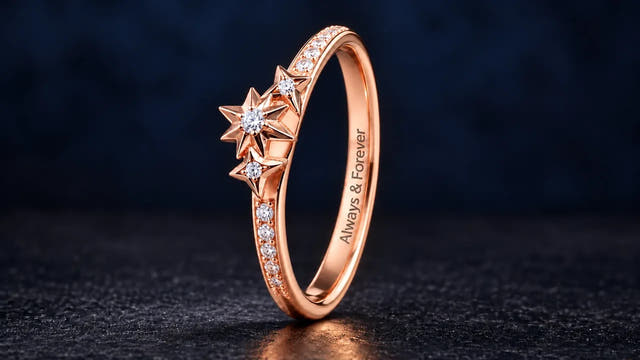 Rose gold ring with star-set stones, Always and Forever engraved inside the band