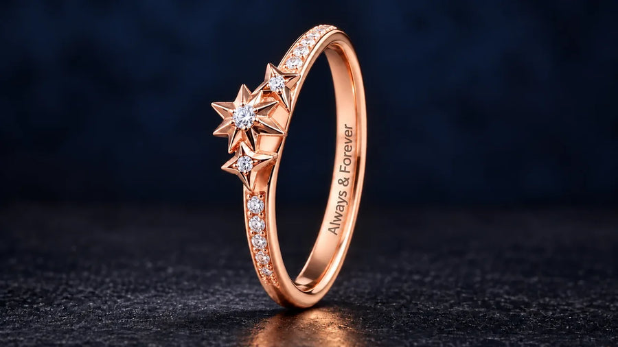 Rose gold ring with star-set stones, Always and Forever engraved inside the band