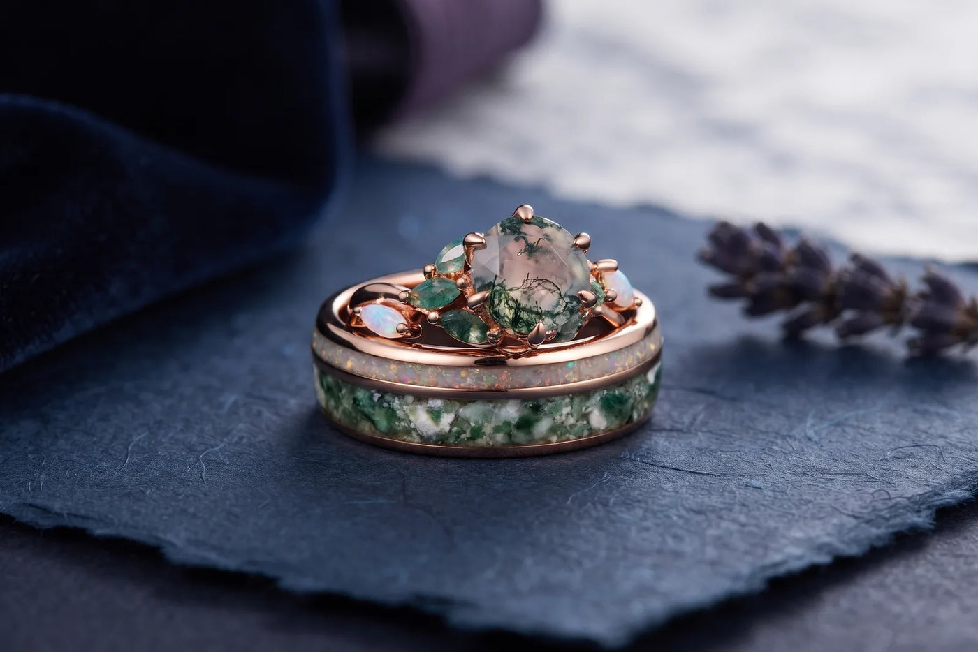 Rose gold couple rings: her moss agate engagement ring stacked on his moss agate and opal inlay band