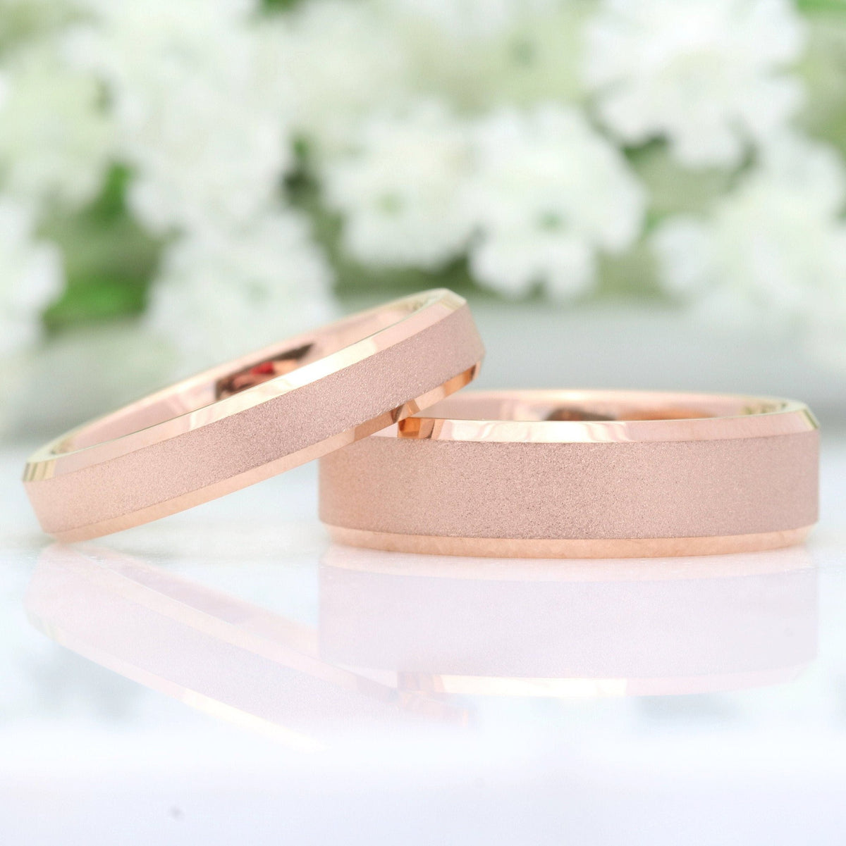 His and hers rose gold tungsten wedding band set, 6mm and 4mm sandblasted flat beveled couples rings