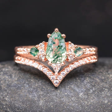 Rose gold sterling silver moss agate bridal set, shield-cut stone with a curved pave band, front view