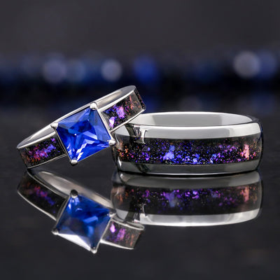Enla Sapphire Orion Nebula Couples Ring Set in Silver | 8mm and 4mm Tungsten and 925 Silver