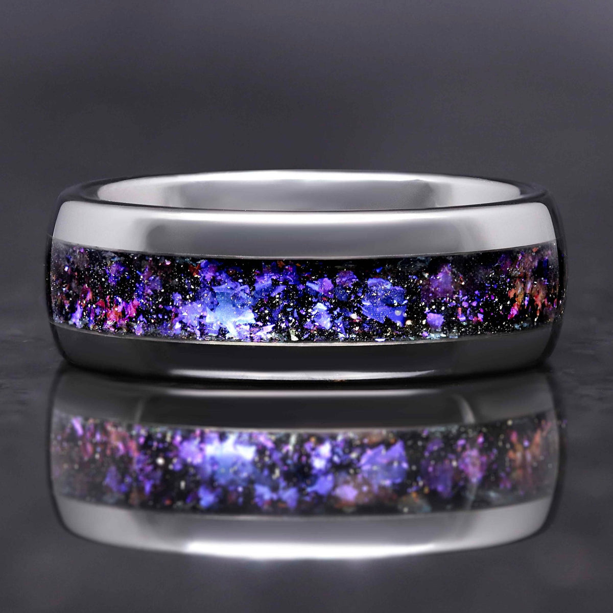 Men's 8mm silver tungsten band with Orion nebula sandstone inlay, polished dome, front view