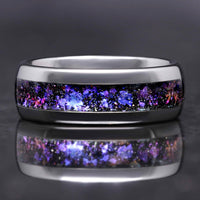Men's 8mm silver tungsten band with Orion nebula sandstone inlay, polished dome, front view