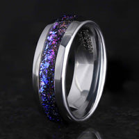 Men's 8mm silver tungsten band with Orion nebula inlay standing on edge to show the interior
