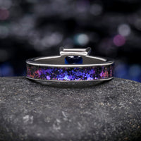 Back of the women's sterling silver sapphire ring with Orion nebula inlay, stone seen through the setting