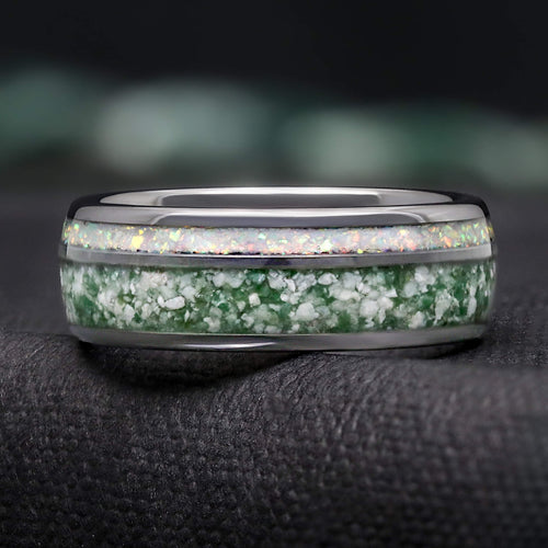 Nesta Mens Moss Agate Wedding Band | White Opal Tungsten Ring