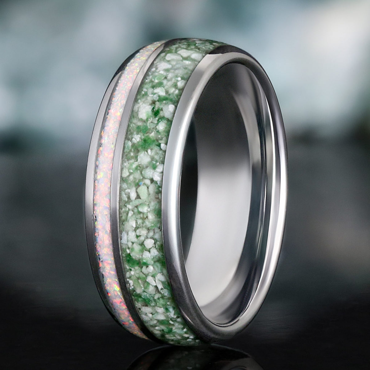 Nesta Mens Moss Agate Wedding Band | White Opal Tungsten Ring