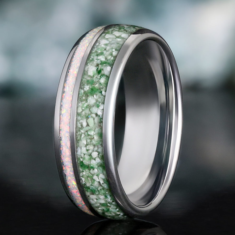 Nesta Mens Moss Agate Wedding Band | White Opal Tungsten Ring