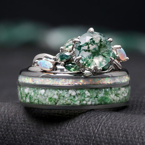 Nesta Moss Agate Couples Ring Set | His and Hers Silver Bands