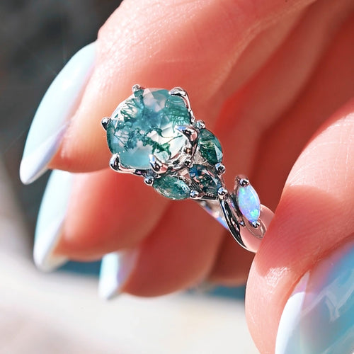 Nesta Moss Agate Engagement Ring | Silver Vine & Marquise Opal