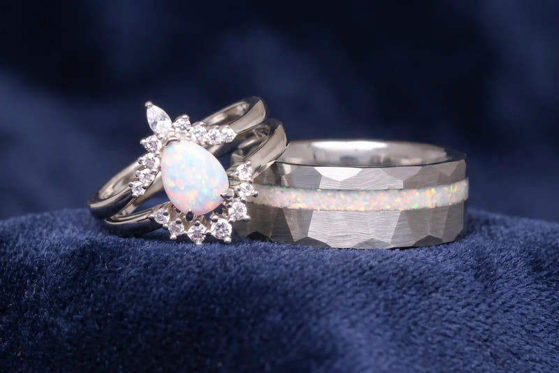 Silver opal engagement ring and hammered silver tungsten band with opal inlay
