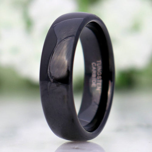 Simple black tungsten wedding band, 6mm polished dome, for men and women