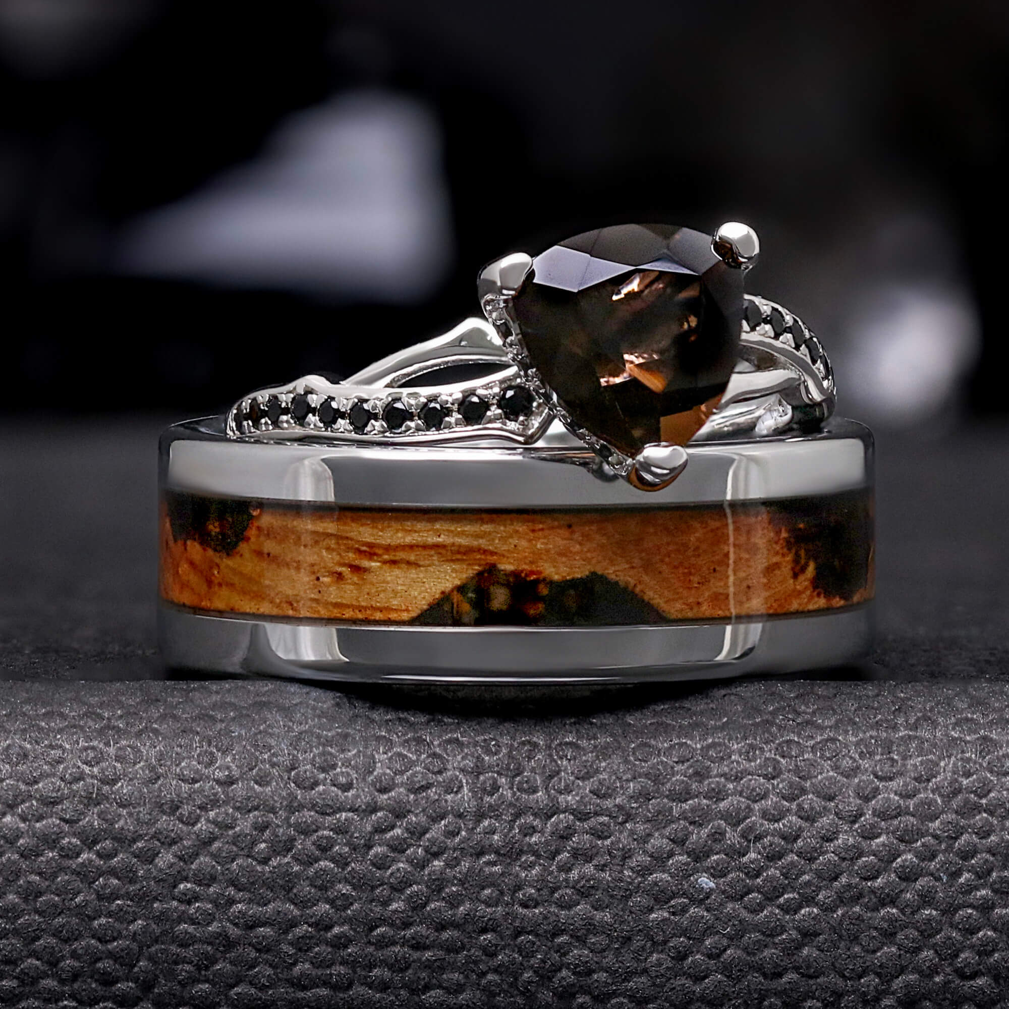 Smoky Quartz Ring Set, Coffee Bean Whiskey Barrel Tungsten Wedding Bands