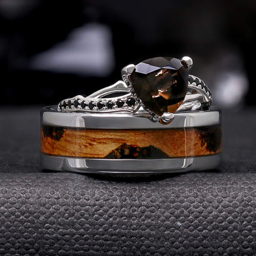Smoky Quartz & Whiskey Barrel Couples Ring Set | Tungsten and Sterling Silver
