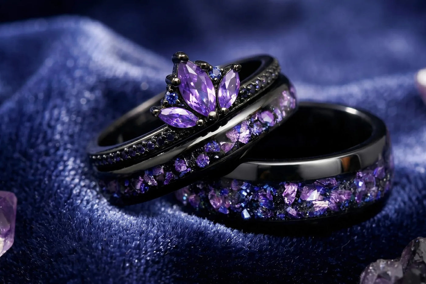 Space themed couples ring set with amethyst crushed inlay in black bands