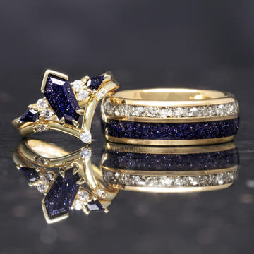 Matching gold couples ring set with blue sandstone, hexagon engagement ring and 8mm band with crushed diamond