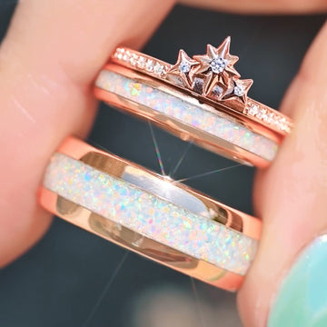 Starburst White Fire Opal Couples Ring Set | Rose Gold Bands