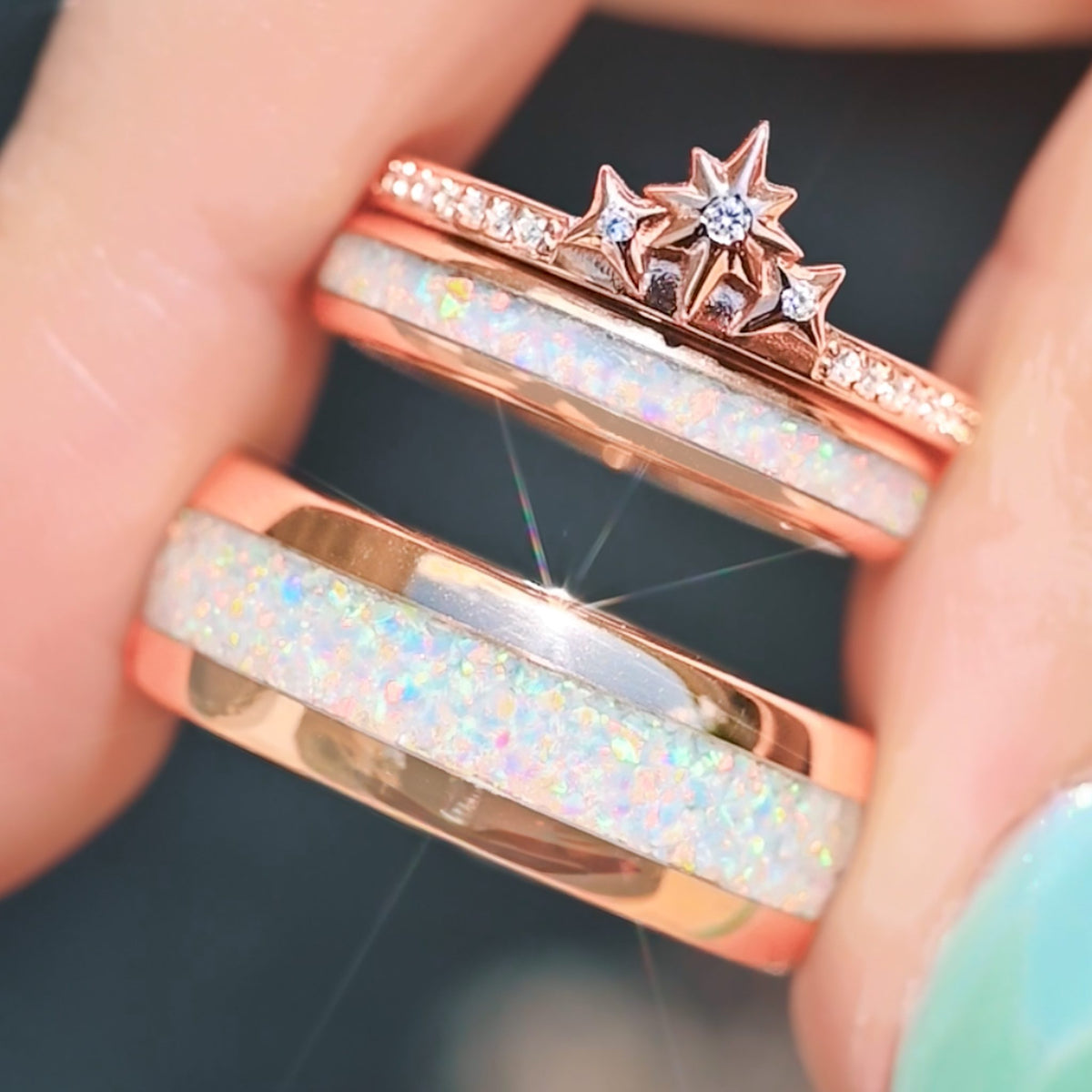 Starburst White Fire Opal Couples Ring Set | Rose Gold Bands