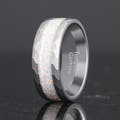 Men's 8mm hammered silver tungsten ring with white fire opal inlay, standing at an angle