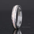 4mm hammered silver tungsten ring with white fire opal inlay, standing upright