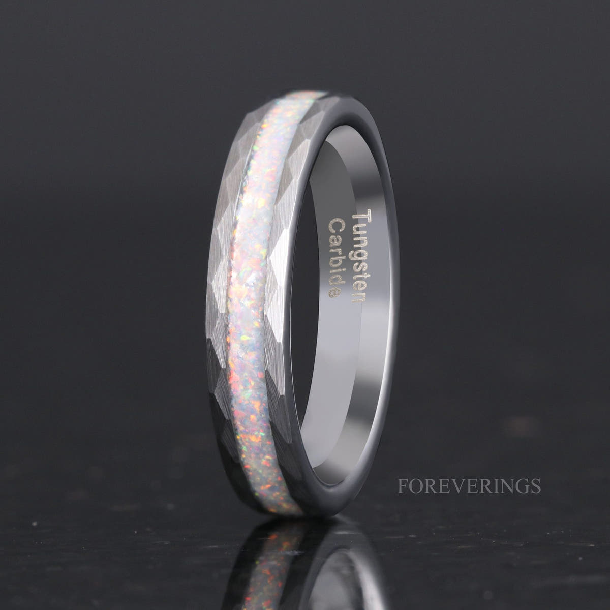 4mm hammered silver tungsten ring with white fire opal inlay, standing upright