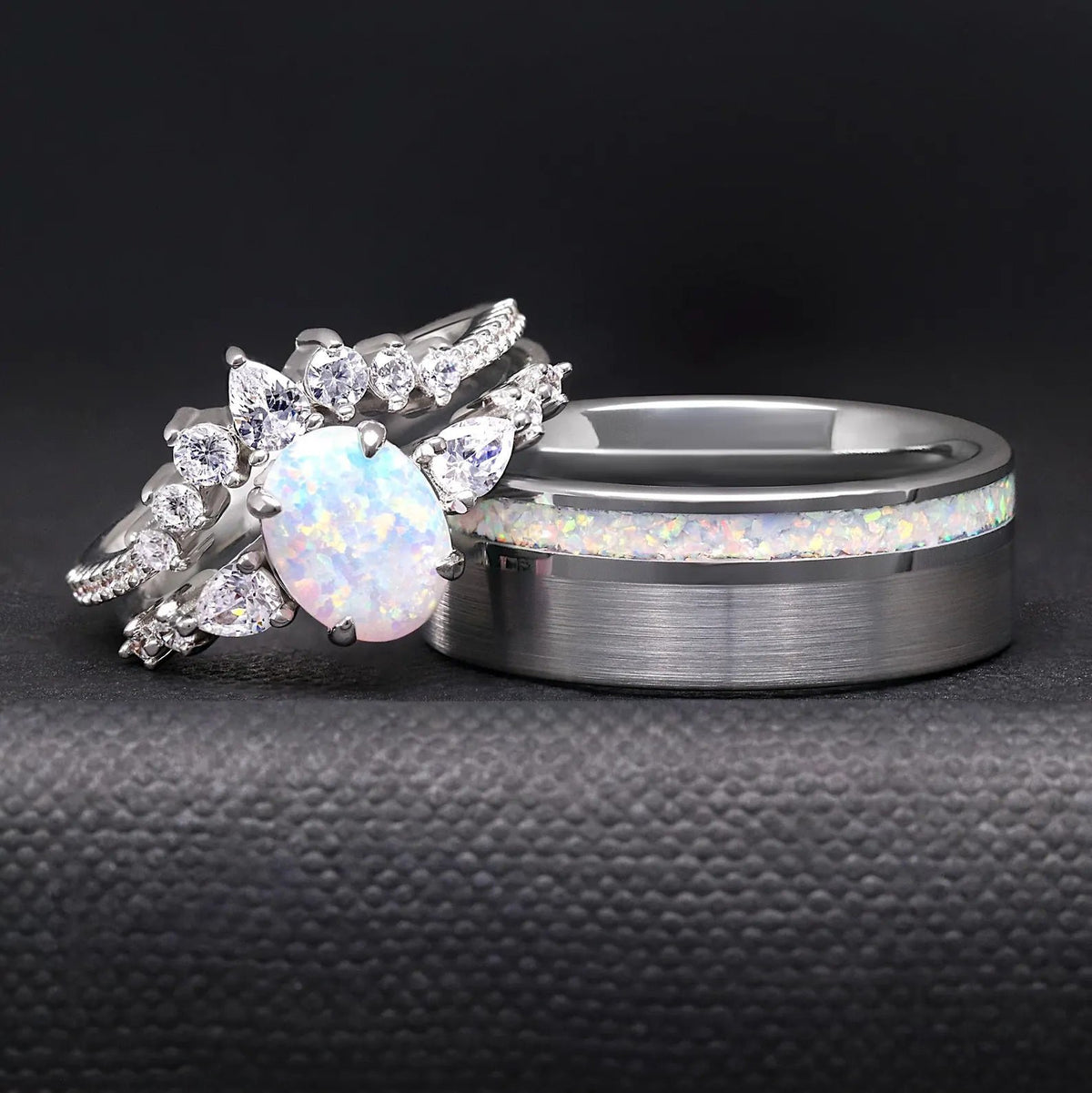 Matching silver couples ring set with white fire opal: oval bridal rings and 8mm brushed tungsten band