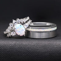 His and Hers White Fire Opal Ring Set, Matching Opal Ring, Silver Ring Set, Brushed Tungsten, Couples Ring, Unique Opal Engagement Ring Set