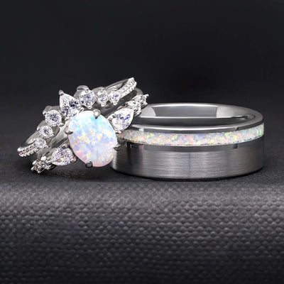 His and Hers White Fire Opal Ring Set, Matching Opal Ring, Silver Ring Set, Brushed Tungsten, Couples Ring, Unique Opal Engagement Ring Set