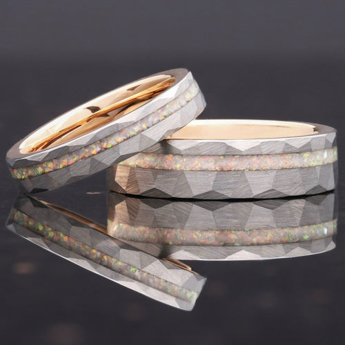 His and Hers Tungsten Wedding Band, Crushed White Fire Opal, 6mm & 4mm Rings, Two-Tone Silver-Rose Gold, Hammer, Flat, Brushed, Comfort Fit