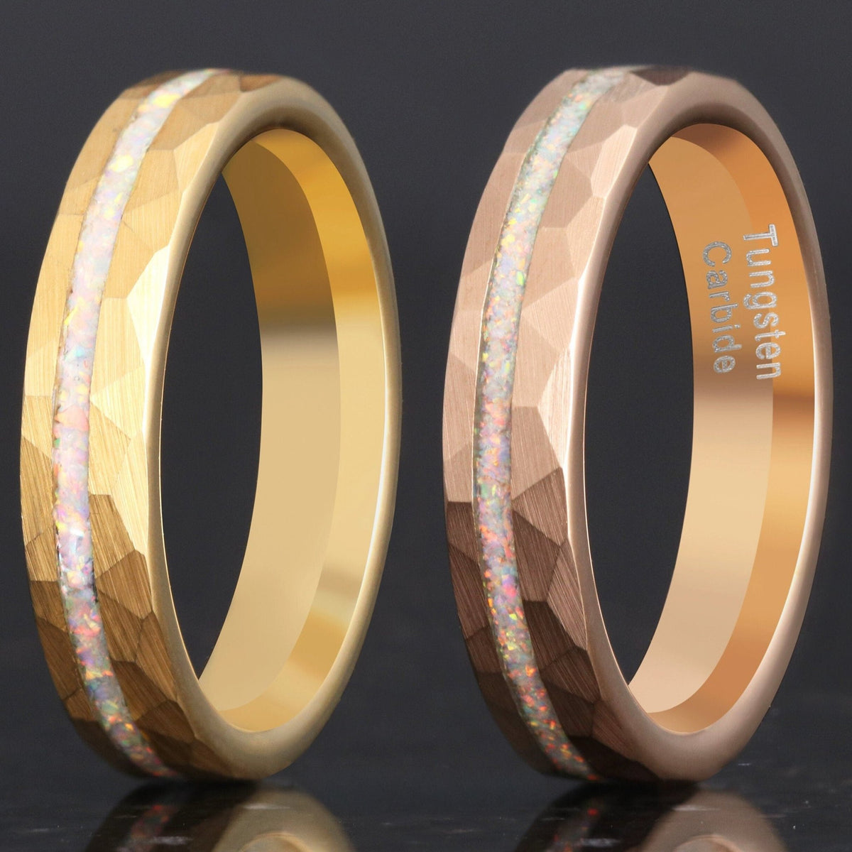 White fire opal ring, 4mm hammered tungsten band in rose gold or yellow gold with crushed opal inlay