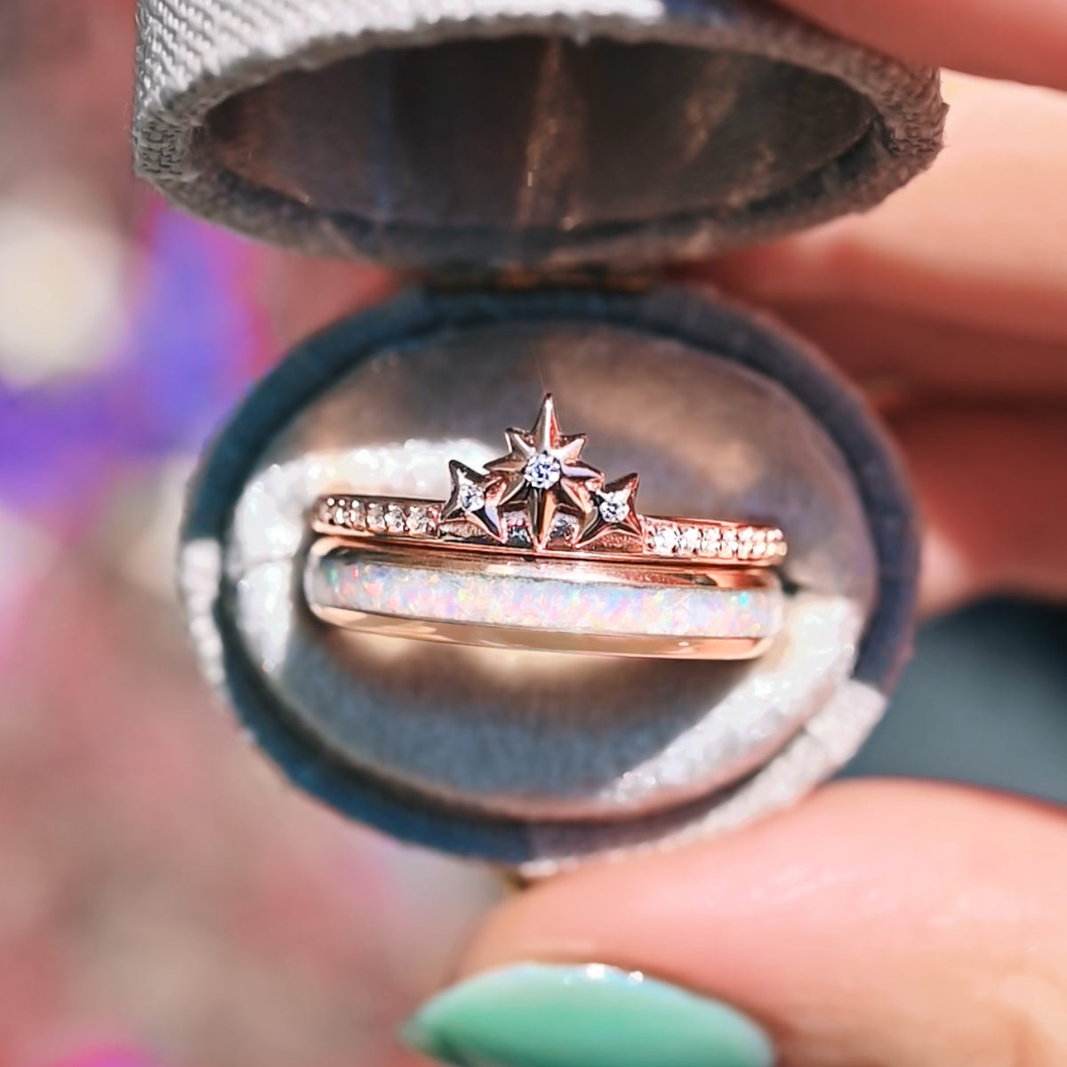 Starburst Womens Opal Wedding Band | Rose Gold Star Stacker