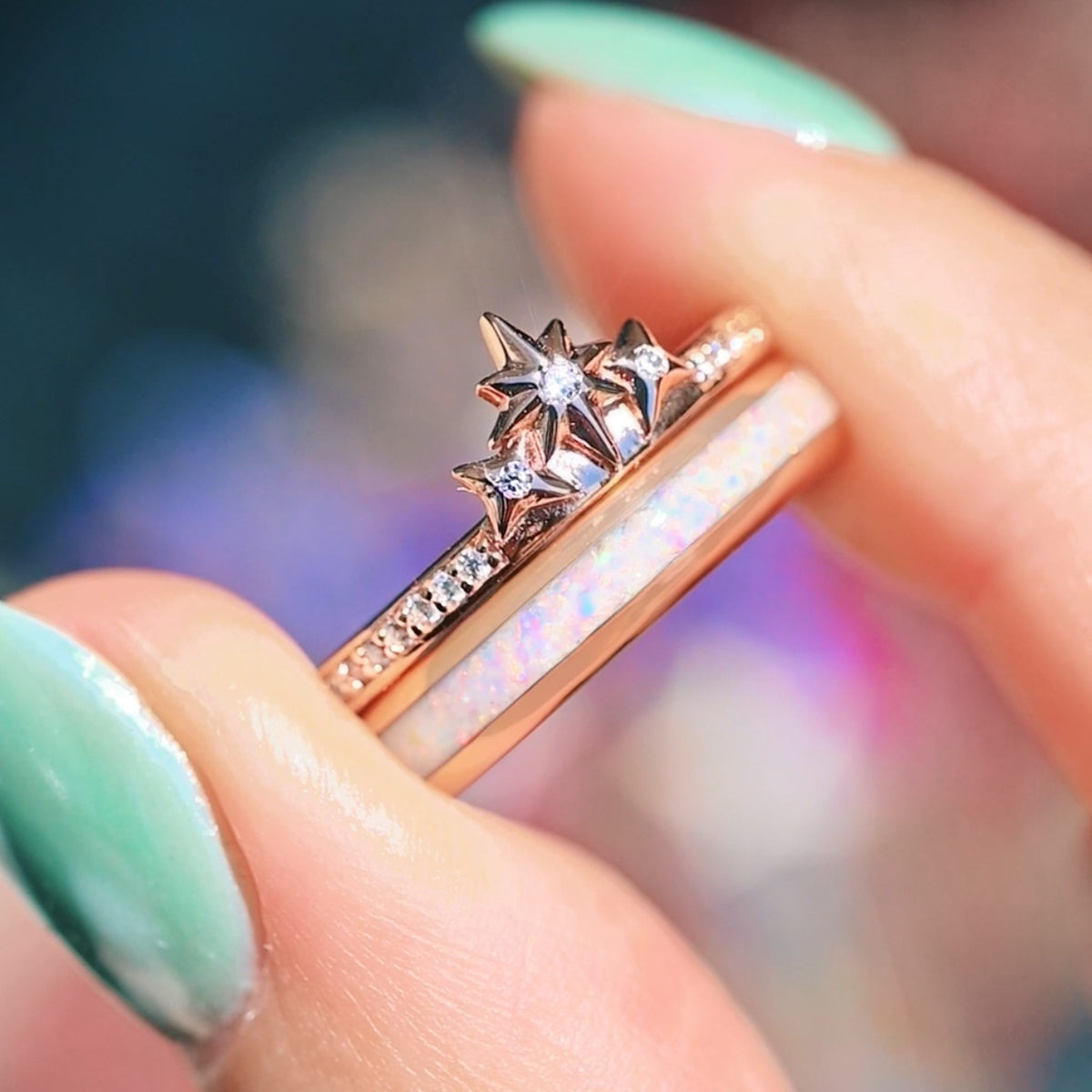 Starburst Womens Opal Wedding Band | Rose Gold Star Stacker