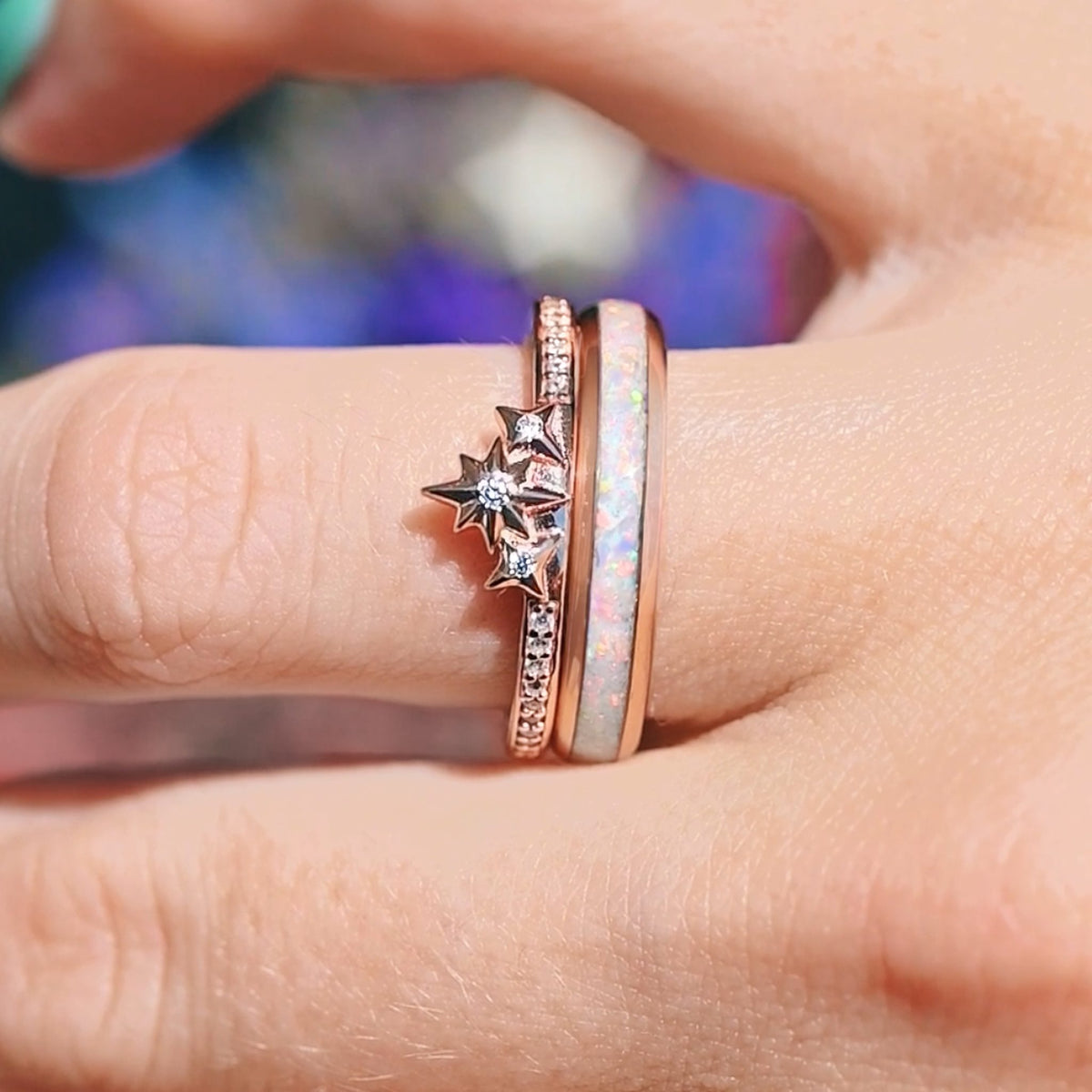 Starburst Womens Opal Wedding Band | Rose Gold Star Stacker